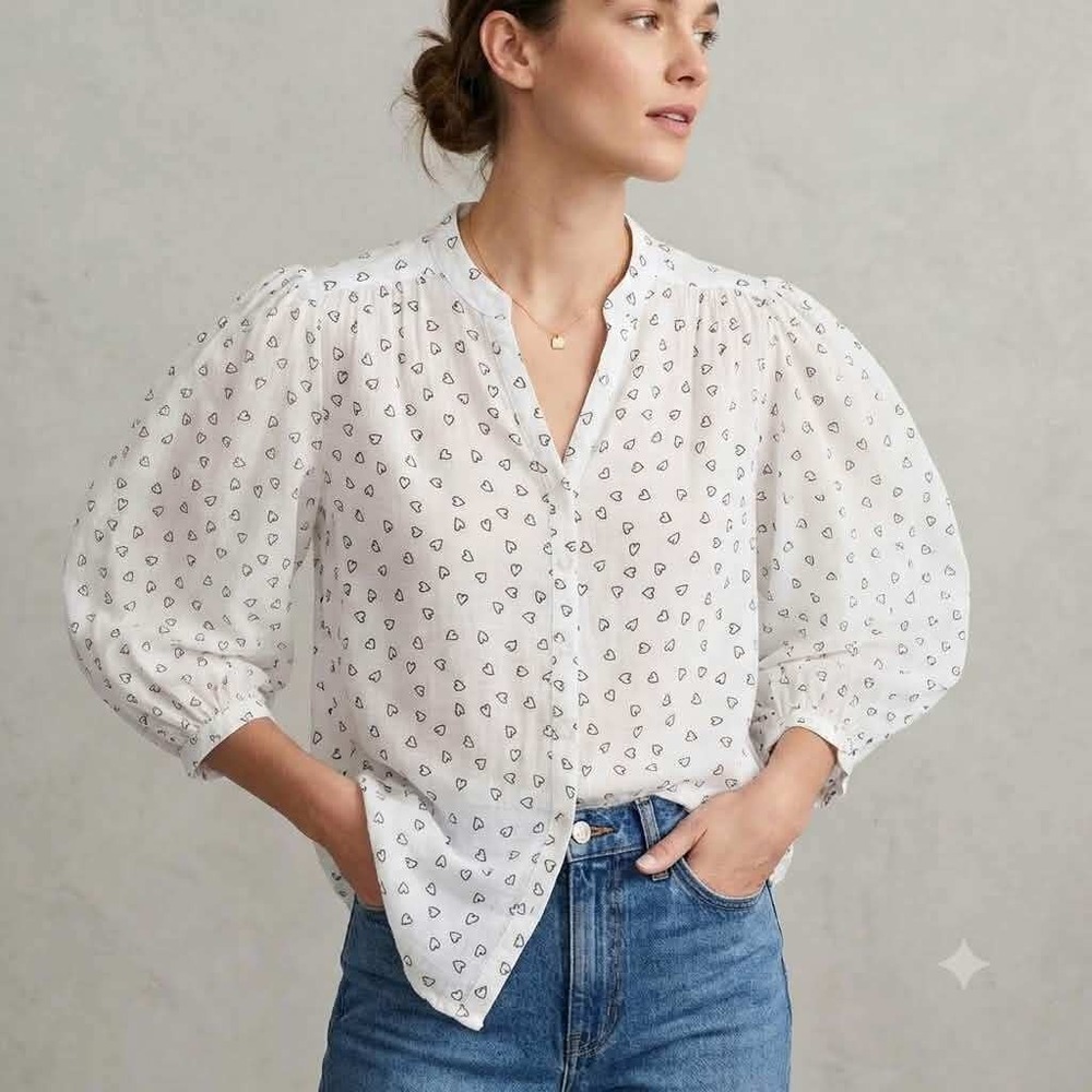 Zac & Rachel White Heart Print Balloon Sleeve Blouse V-Neck Top Size M